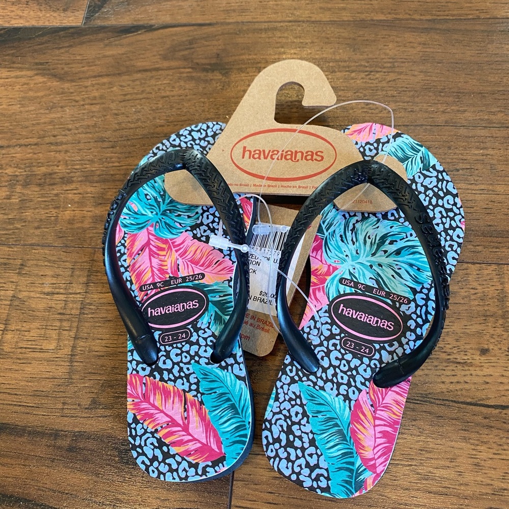 Havaianas Flip Flops Kids Size 9C Palm Leaves Leopard Blue Black NWT